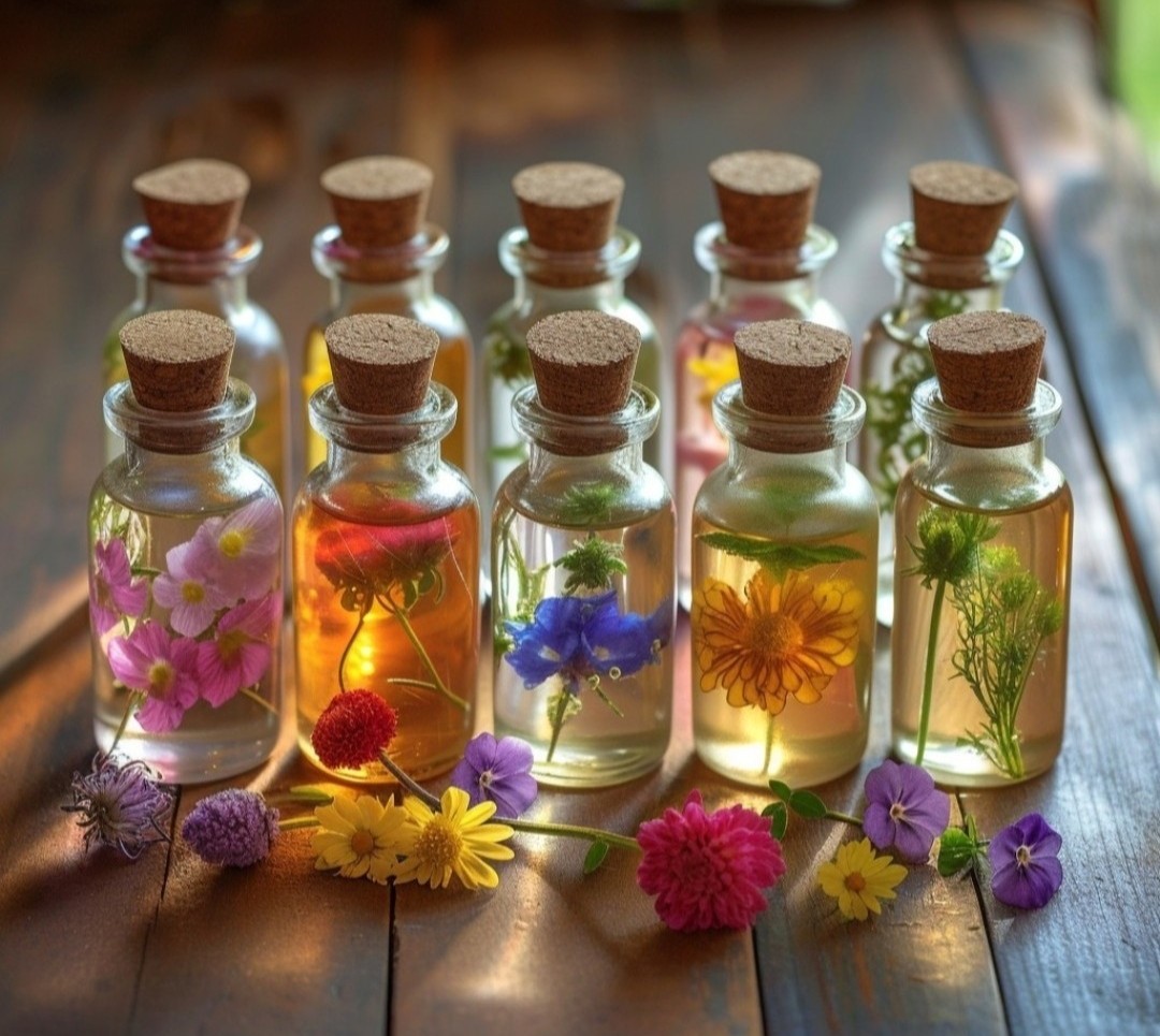 Corked glass bottles of flower essences with fresh blossoms