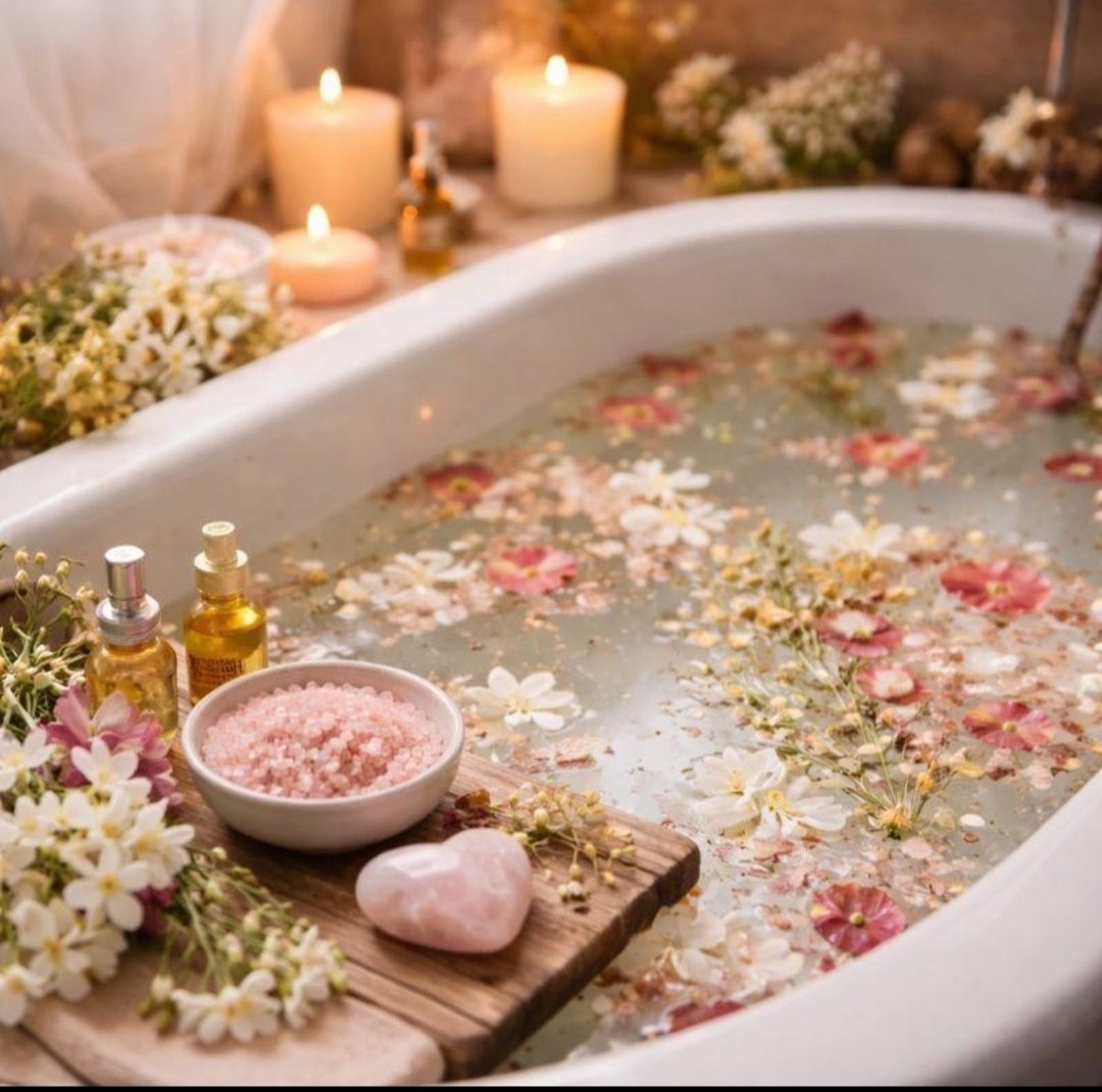 Handmade herbal healing soaks and bath salts on a wooden tray