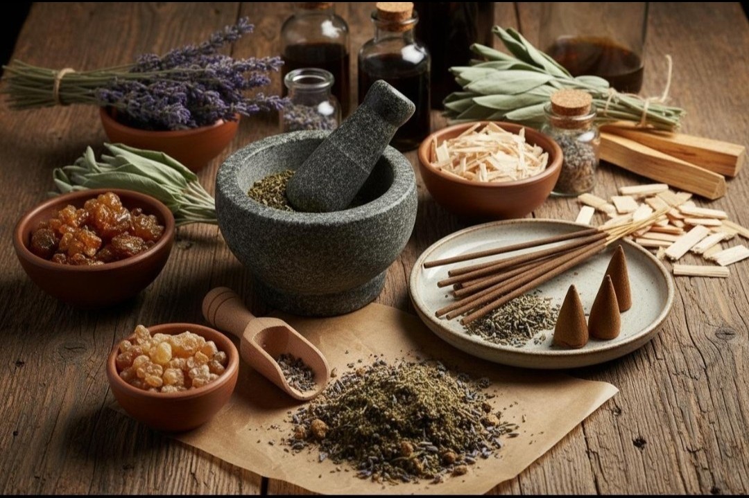 Handmade botanical incense sticks and cones with herbs and a stone mortar