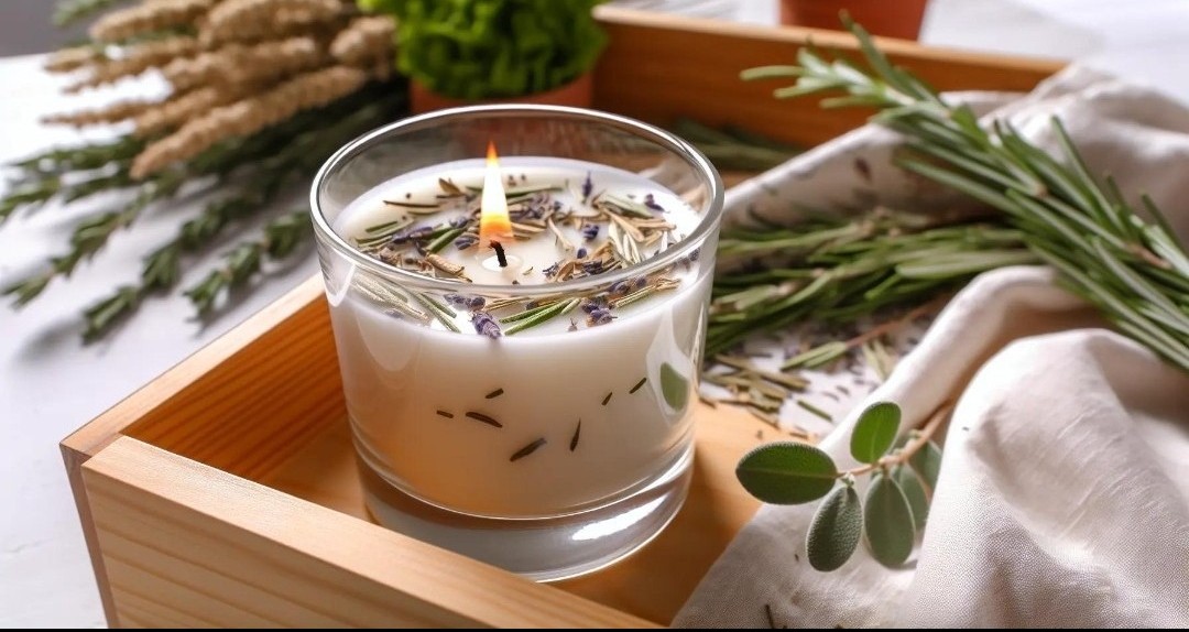A hand-poured herbal candle topped with lavender and rosemary