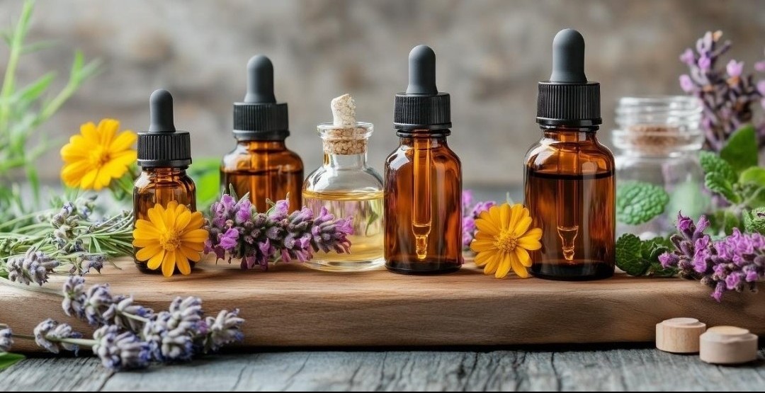 Amber dropper bottles of herb-infused oils with fresh flowers