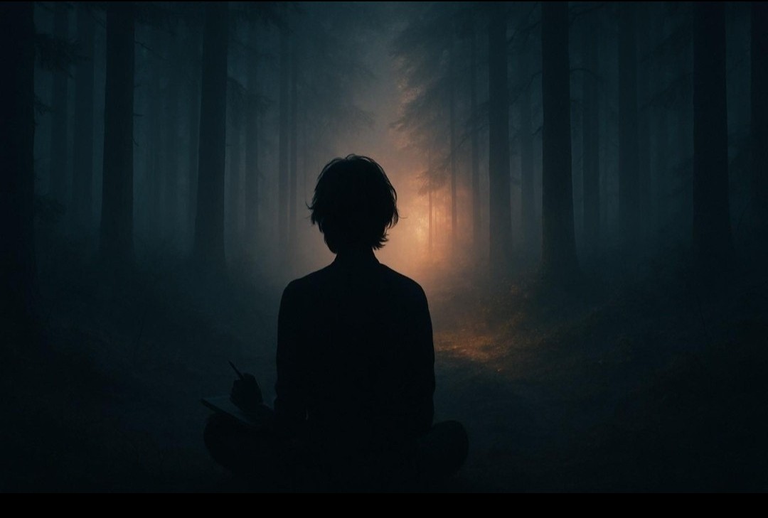 A figure journaling in a misty forest at first light — the Shadow Work course bundle