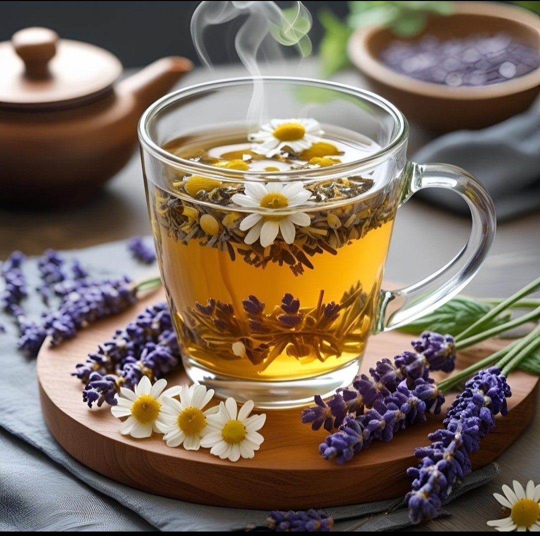A steaming cup of herbal remedy tea with chamomile and lavender