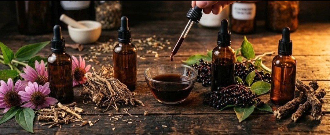 Amber tincture bottles with echinacea and elderberries