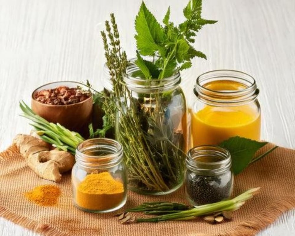 Fresh herbs, roots and ground spices with jars of infused oil
