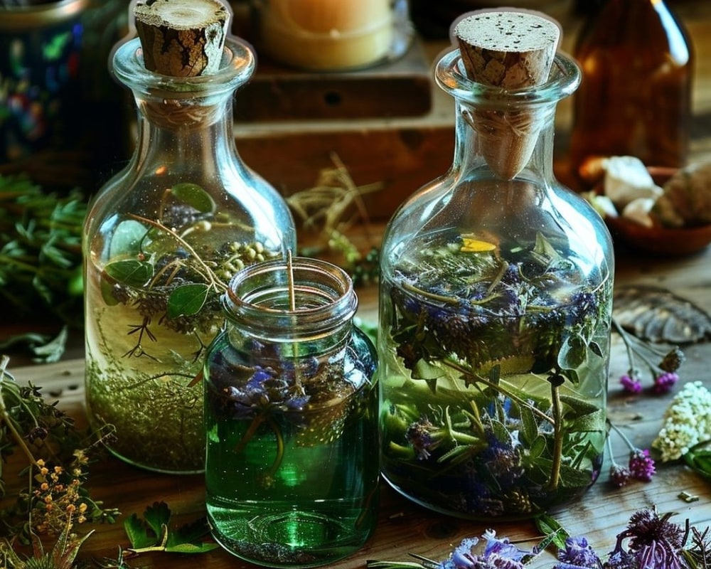 Herbs and flowers infusing in corked glass bottles